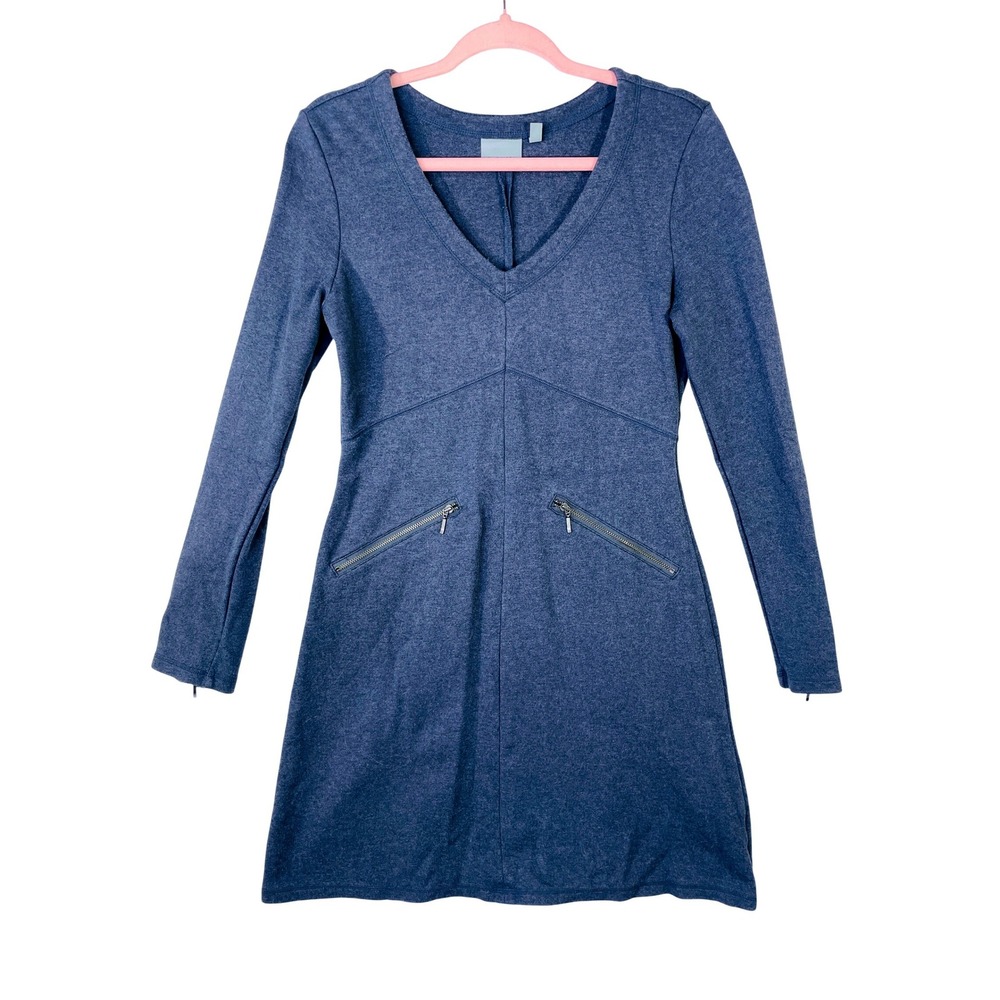 Athleta Womens Blue Gray Heathered V-Neck Long Sleeve Mini Dress Sz SP Zipper